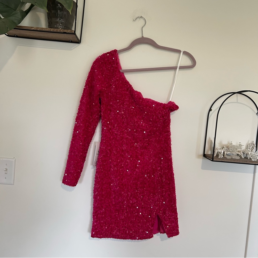 NWT Berlinnova‎ Pink Fully Sequined One Shoulder Long Sleeve Mini Dress Size 8